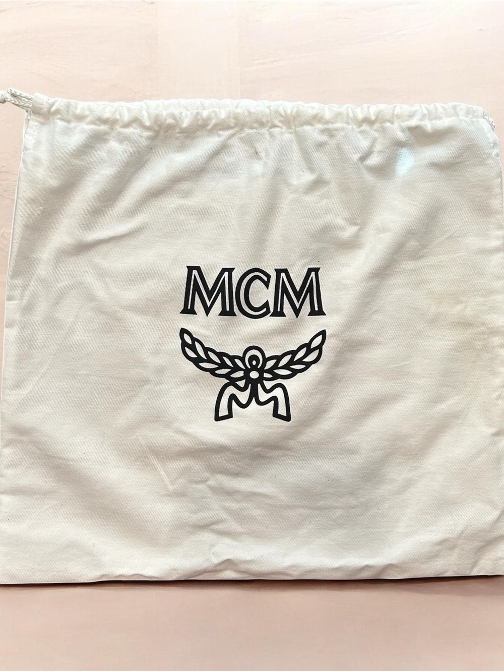 MCM Cream Drawstring Dust Bag with Black Logo - Picture 3 of 5
